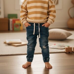 Little Bipsy Blue Distressed Jeans with White Drawstring; 2-3T